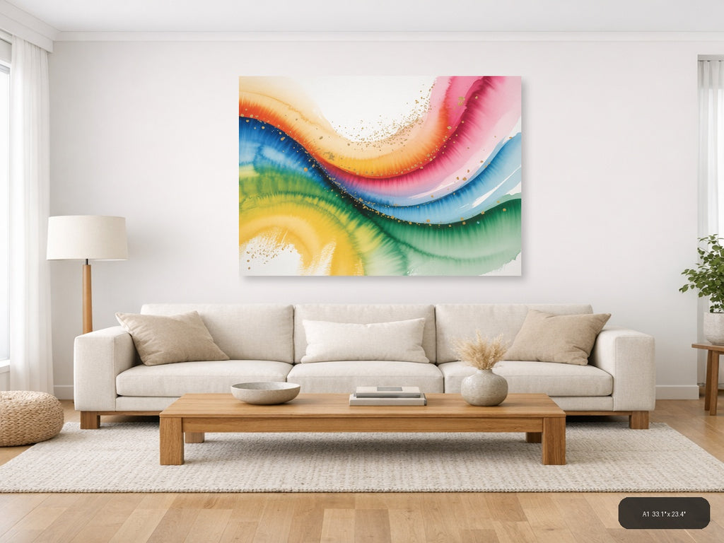 Rainbow Watercolor Flow Gold Splatter Wall Art — A1 / Living Room