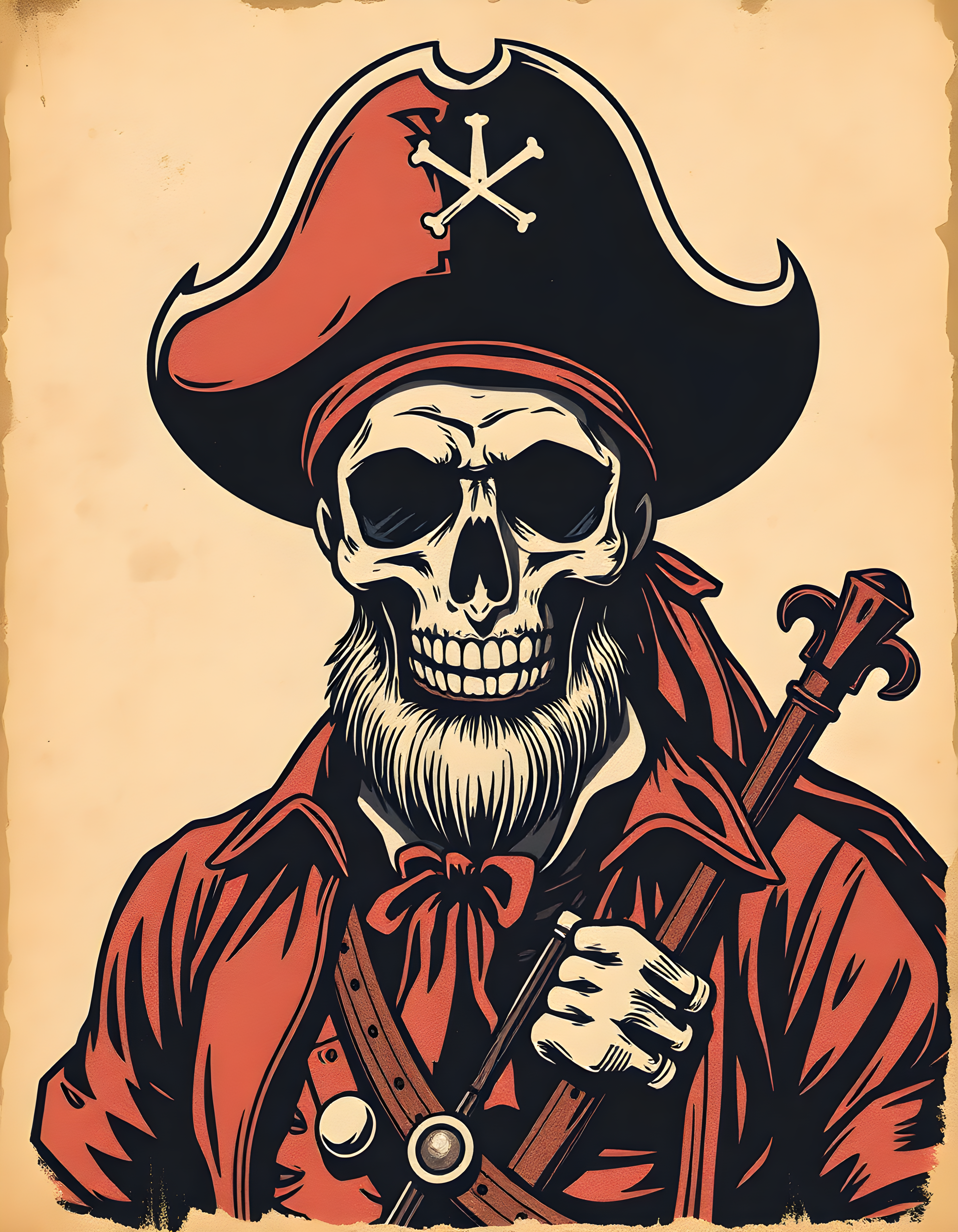 Vintage Pirate Skull Crossbones Red Black Wall Art
