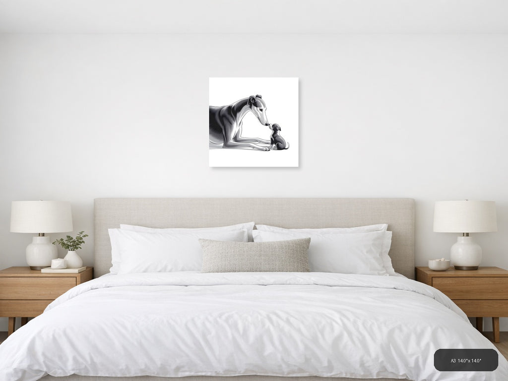 Large Dog and Puppy Minimalist Black White Wall Art — A3 / Bedroom