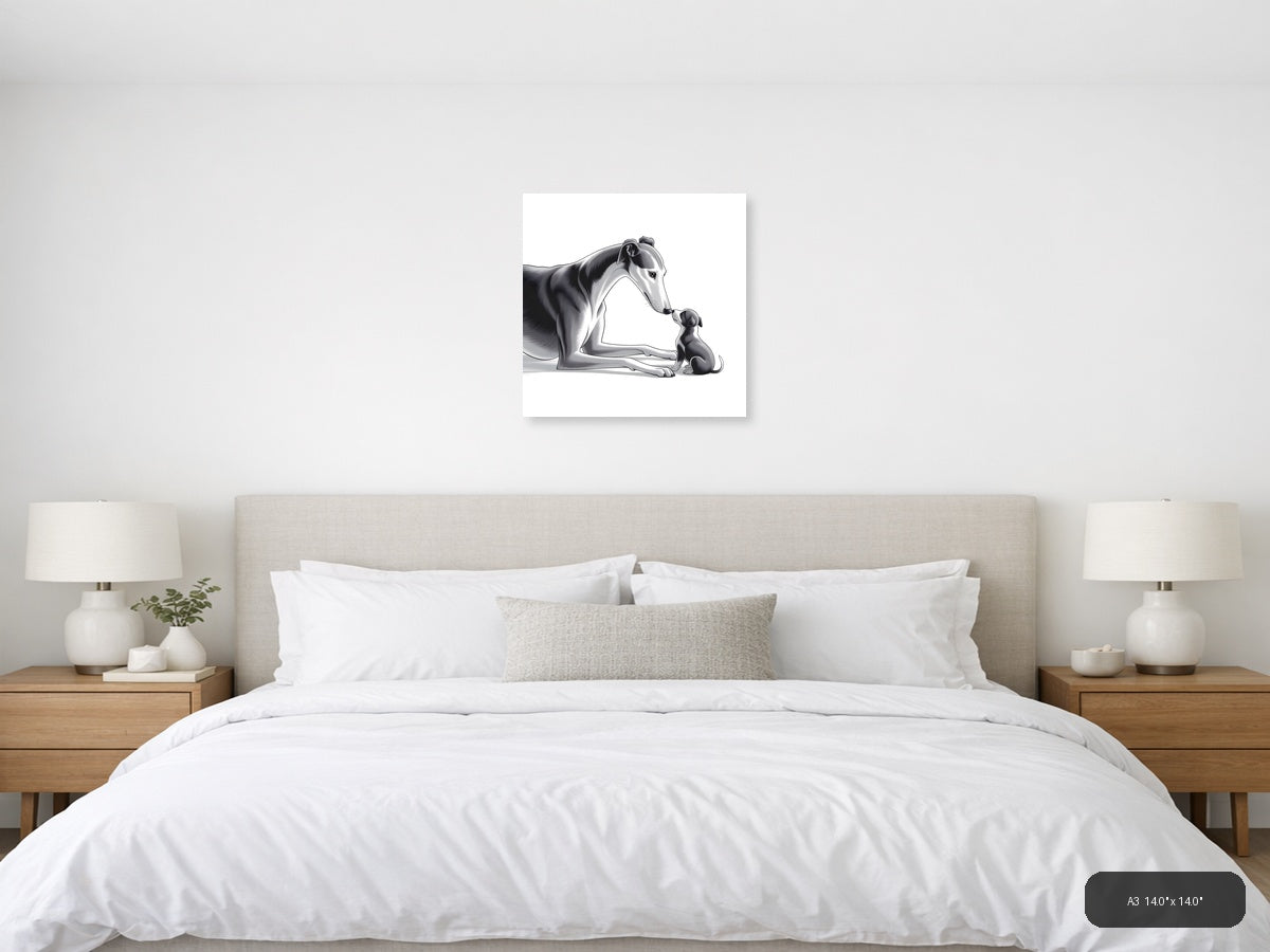 Large Dog and Puppy Minimalist Black White Wall Art — A3 / Bedroom