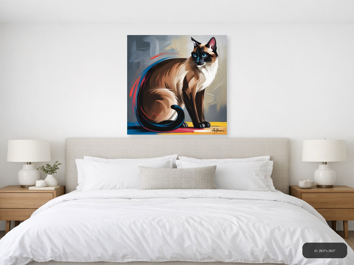 Siamese Cat Portrait Abstract Blue Eyes Wall Art — A1 / Bedroom