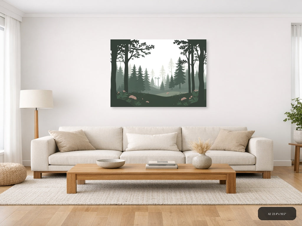 Misty Forest Cross Minimalist Landscape Wall Art — A2 / Living Room