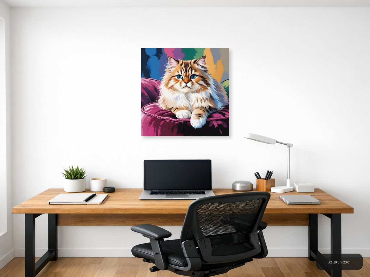 Fluffy Cat with Blue Eyes Abstract Colorful Wall Art — A2 / Office