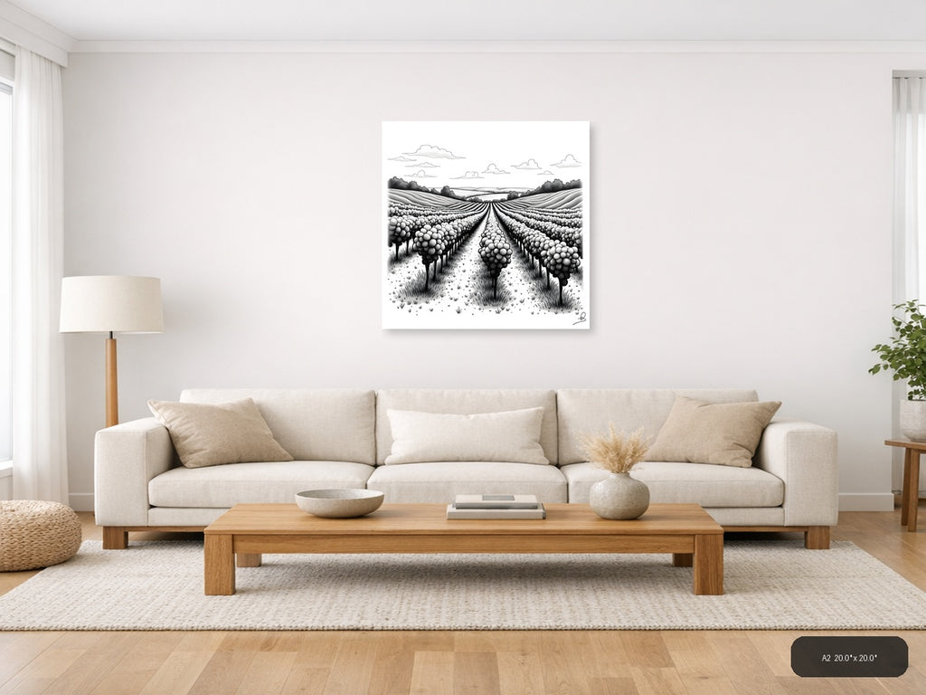 Vineyard Rows Line Art Illustration Wall Art — A2 / Living Room