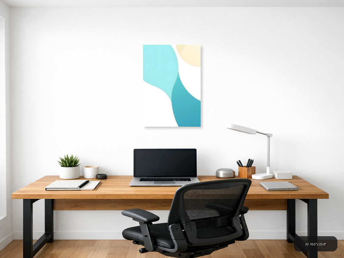 Minimalist Turquoise and Cream Abstract Curves Wall Art — A2 / Office