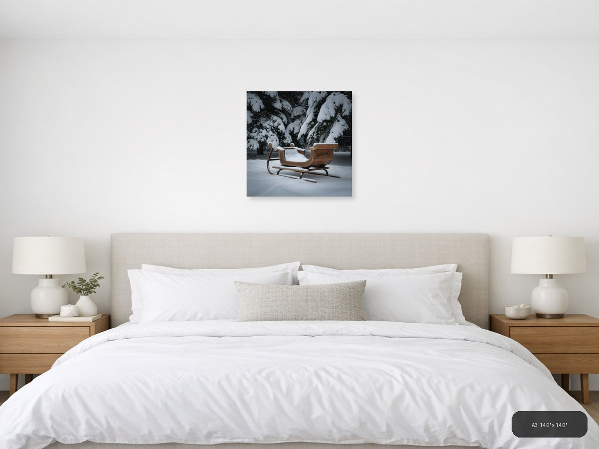 Ornate Wooden Sleigh in Winter Forest Snow Photography — A3 / Bedroom