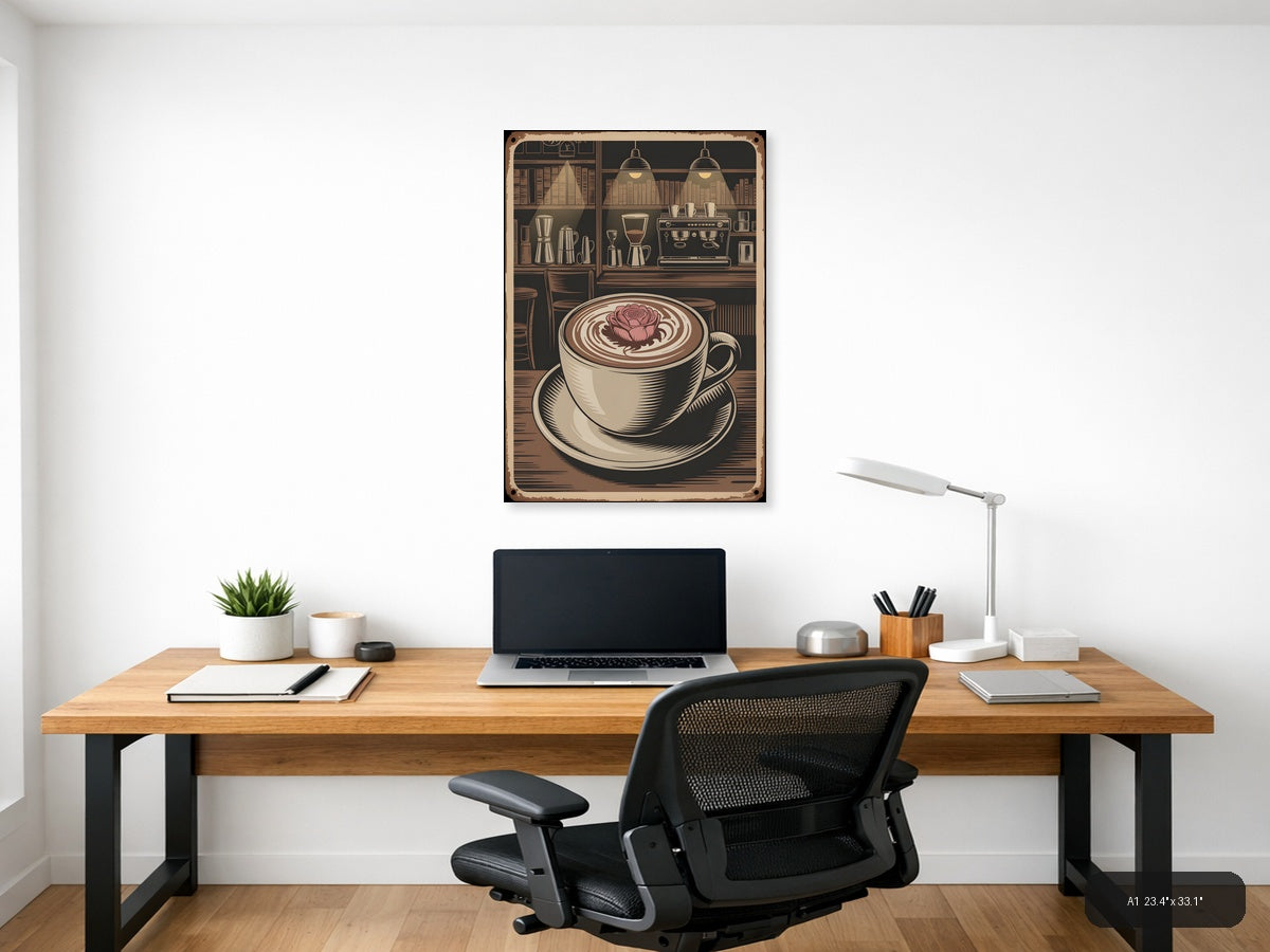 Vintage Coffee Shop Latte Art Rose Wall Art — A1 / Office