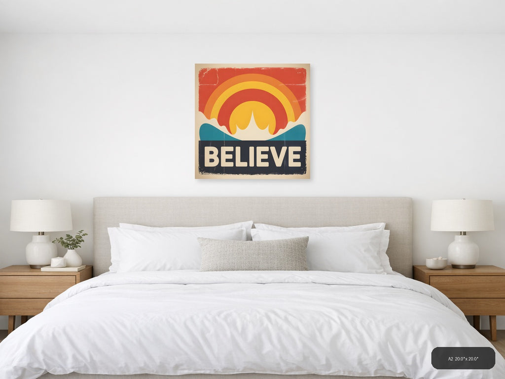 Vintage Sunset Ocean Believe Retro Wall Art — A2 / Bedroom