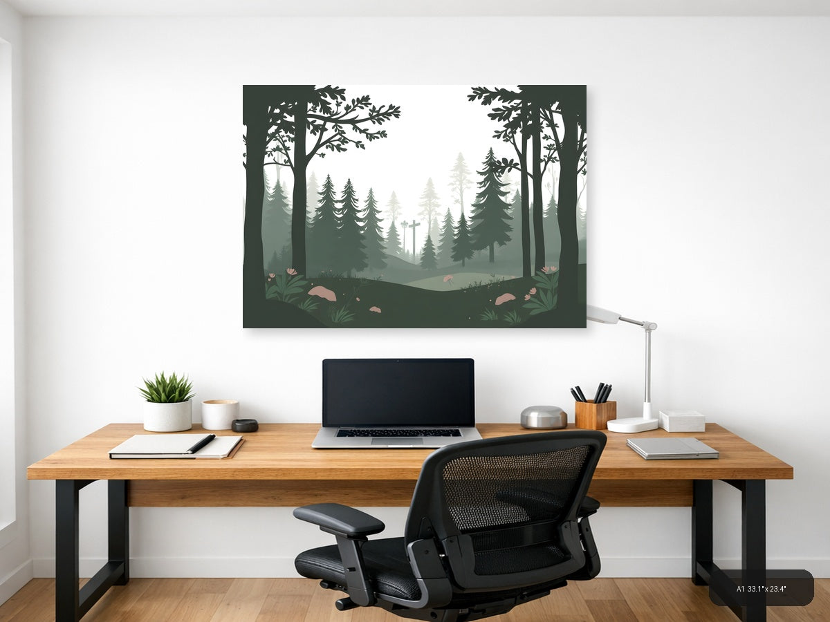 Misty Forest Cross Minimalist Landscape Wall Art — A1 / Office