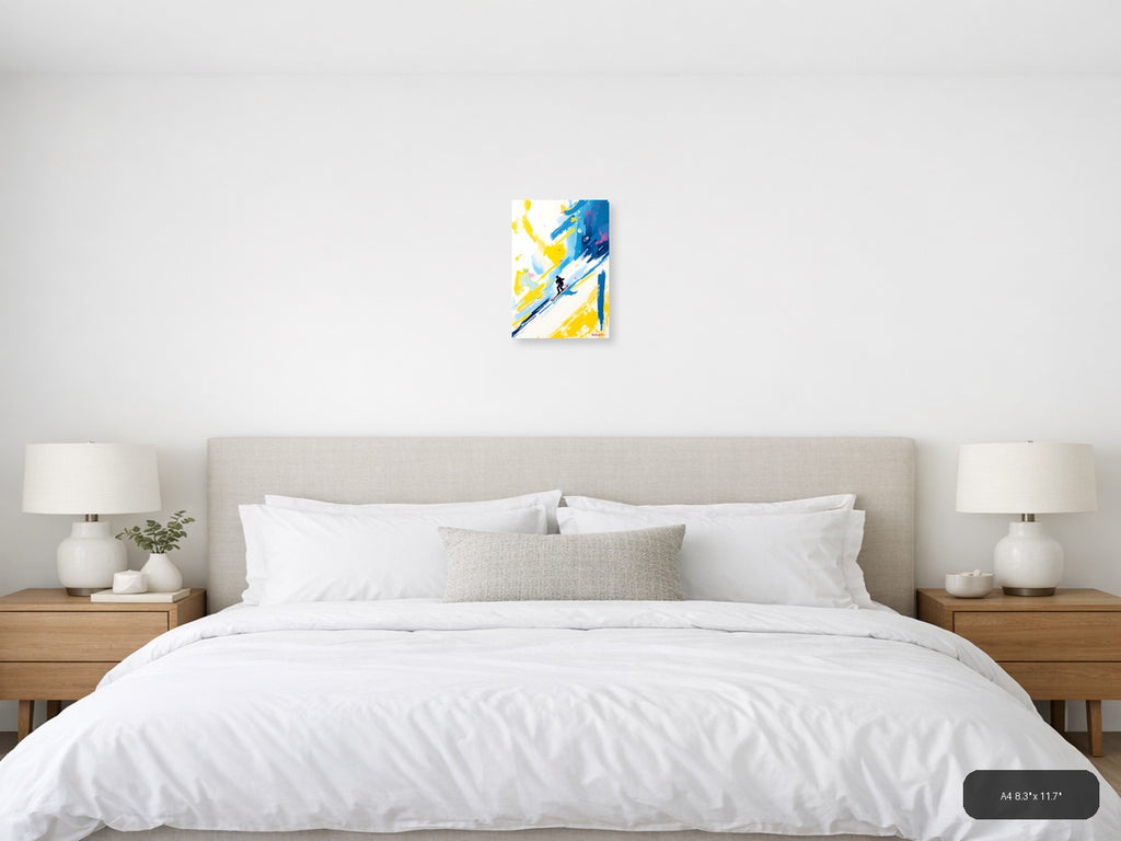 Abstract Skier in Blue & Yellow Strokes Wall Art — A4 / Bedroom