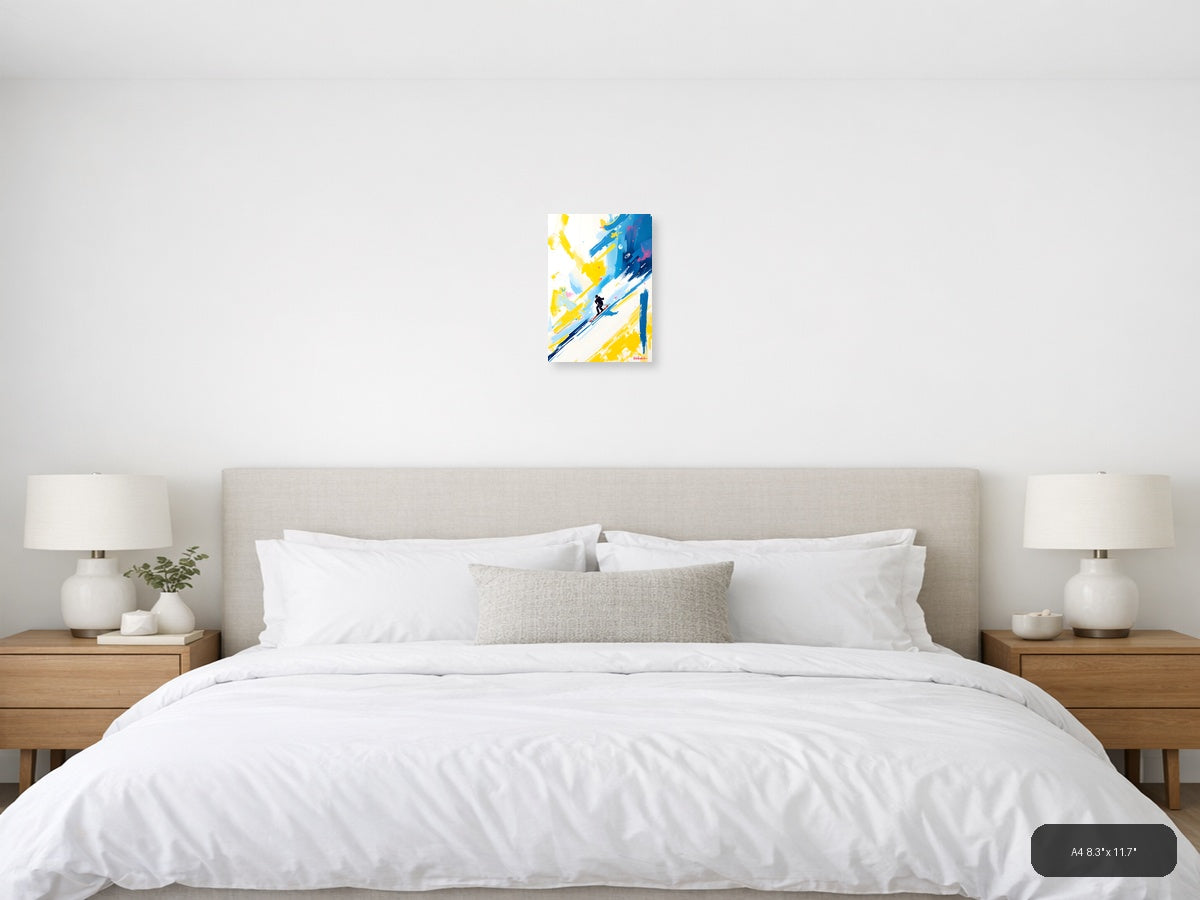 Abstract Skier in Blue & Yellow Strokes Wall Art — A4 / Bedroom