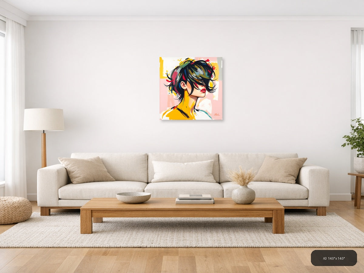 Colorful Abstract Portrait with Black Hair Wall Art — A3 / Living Room