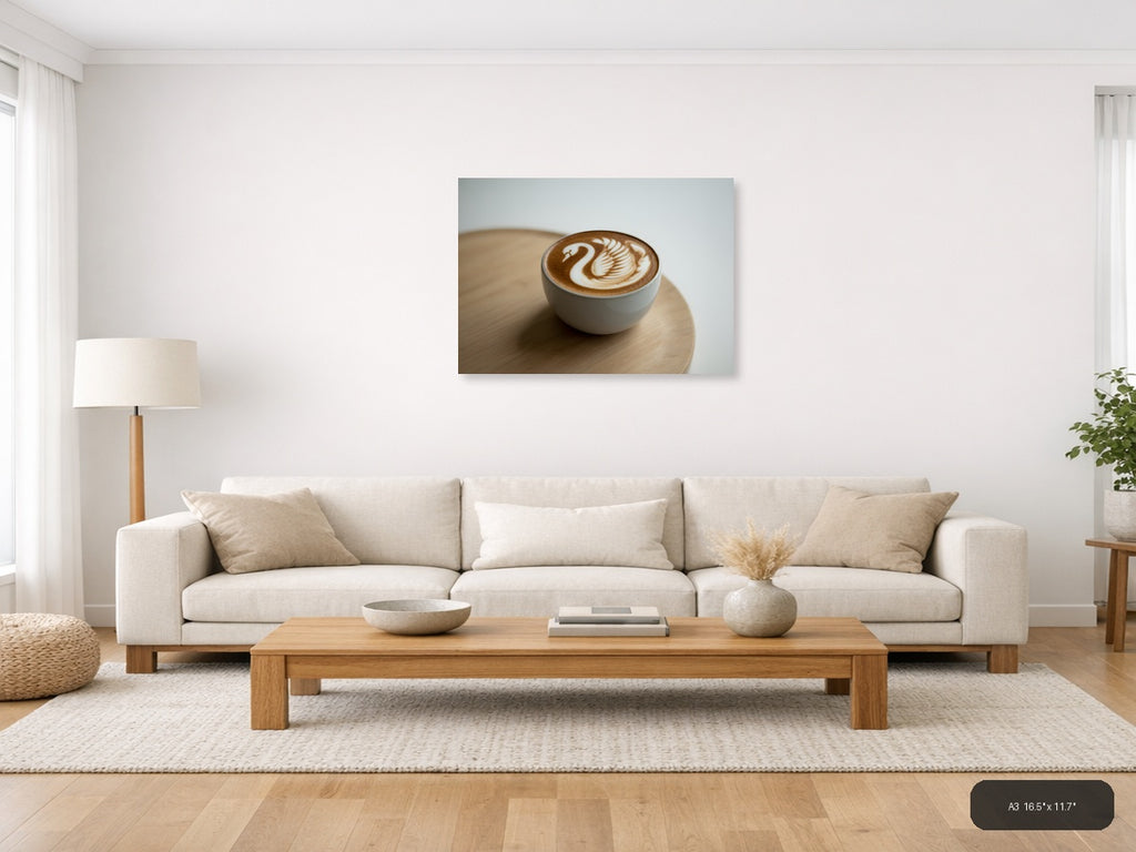 Minimalist Swan Latte Art Coffee Wall Art — A3 / Living Room