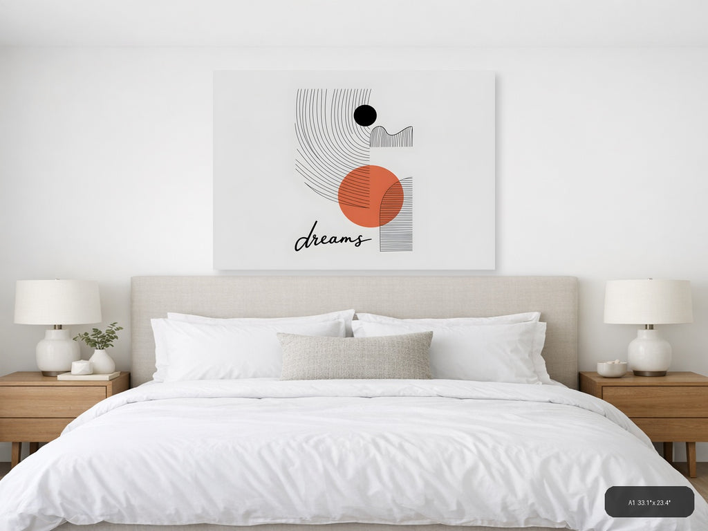 Abstract Dreams Line Art with Orange Circle Wall Art — A1 / Bedroom
