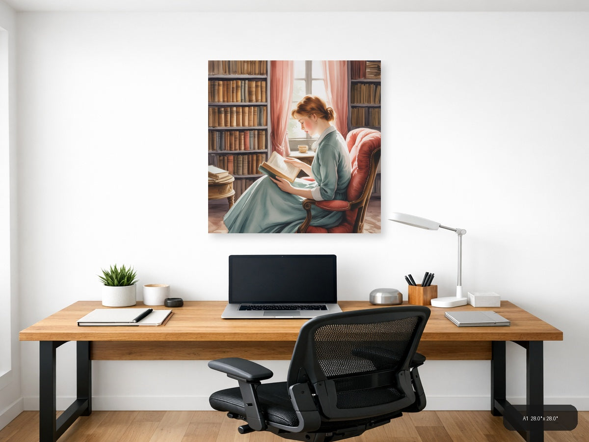Woman Reading in Library Watercolor Wall Art — A1 / Office