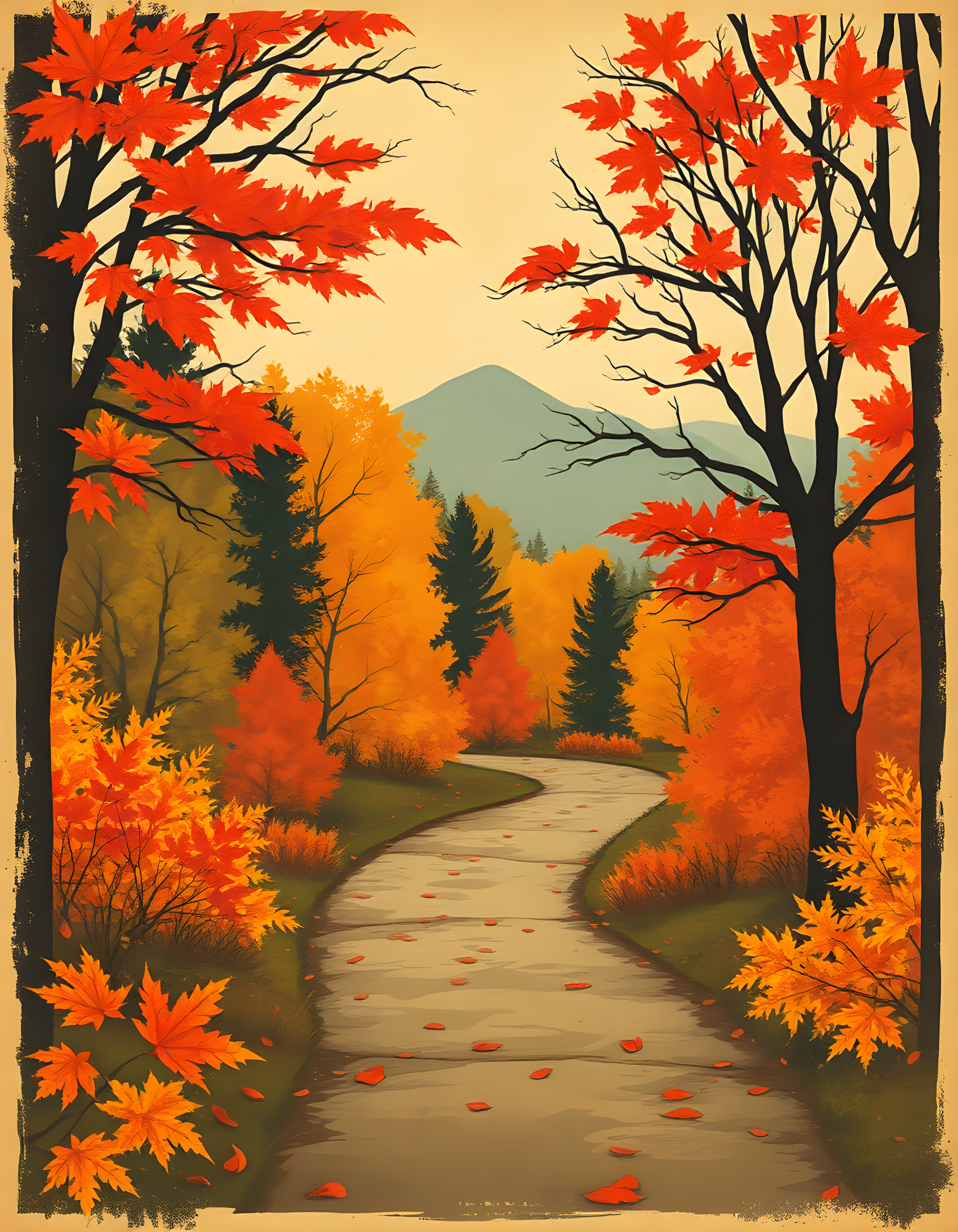 Vintage Autumn Forest Path with Mountain - Wall Art