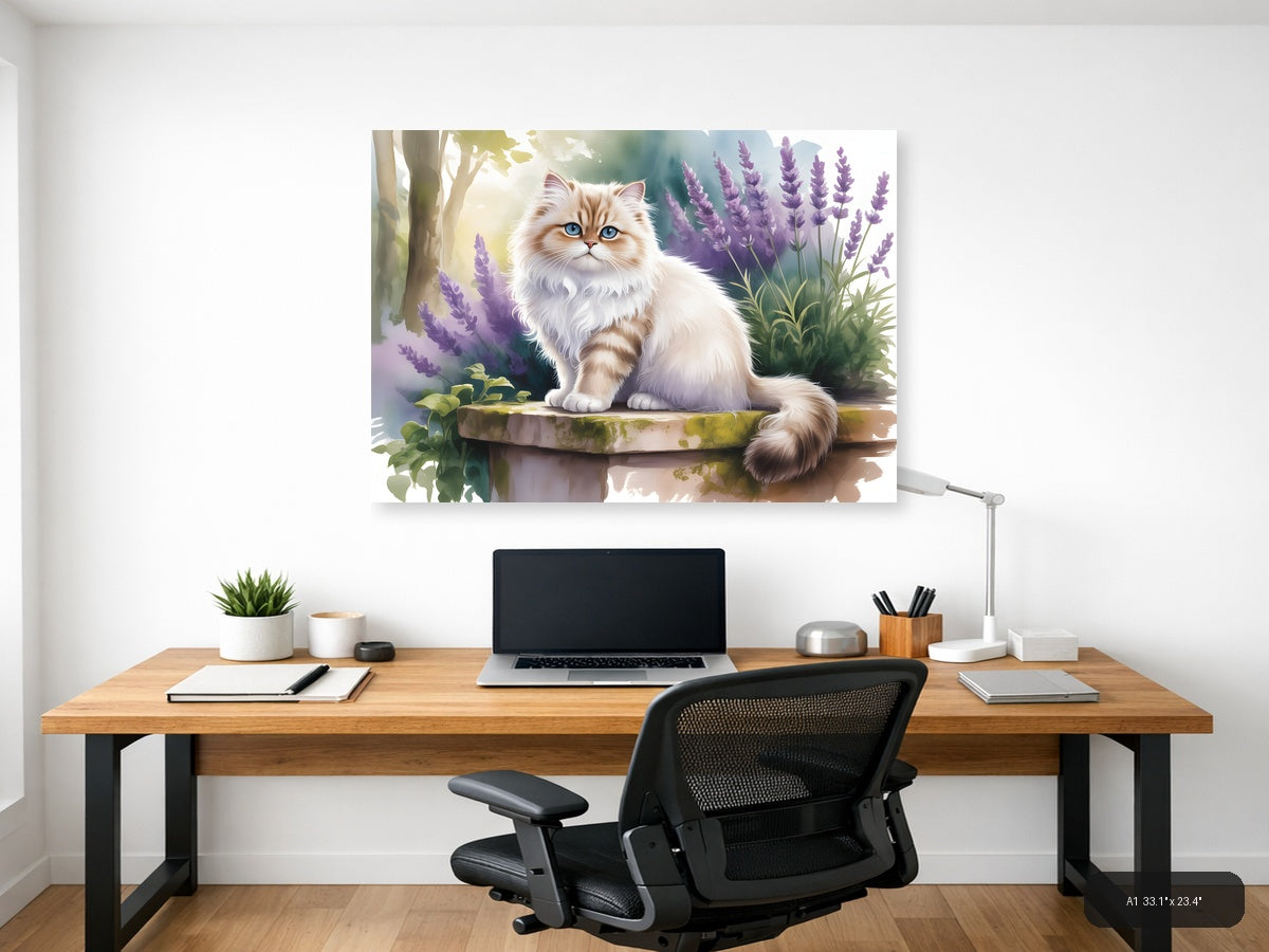 Fluffy Cat with Blue Eyes in Lavender Garden Watercolor Wall Art — A1 / Office