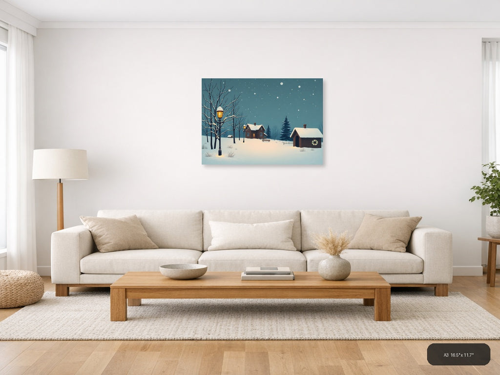 Vintage Winter Cottage Snow Scene Landscape Wall Art — A3 / Living Room