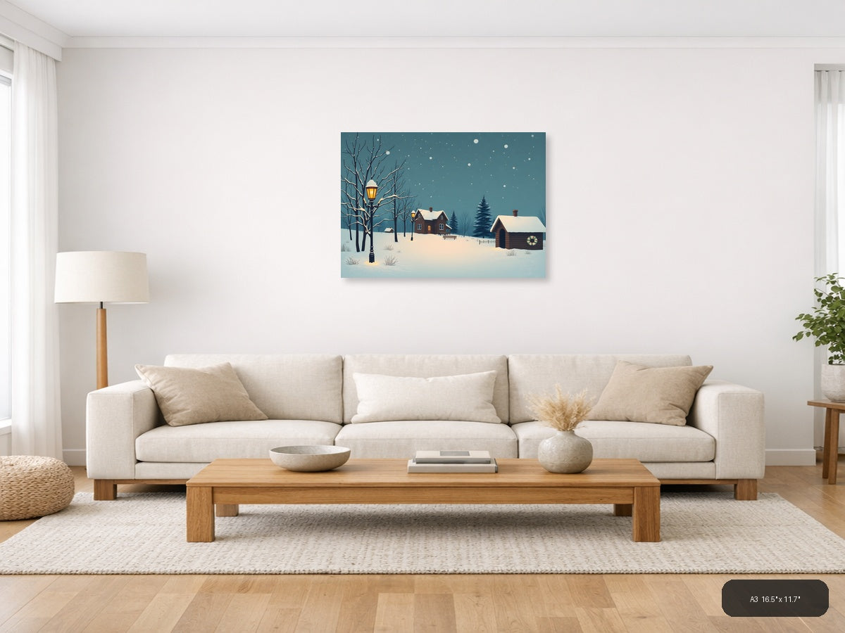 Vintage Winter Cottage Snow Scene Landscape Wall Art — A3 / Living Room