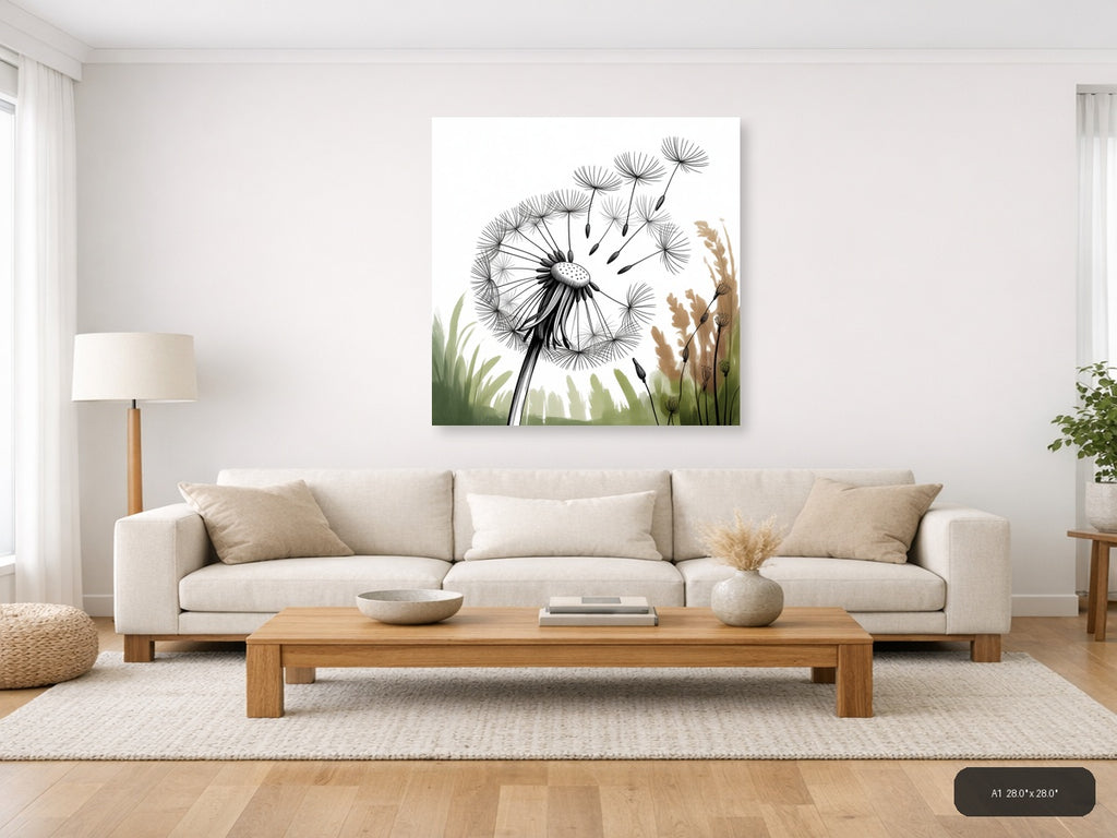 Dandelion Line Art Black Ink Botanical Wall Art — A1 / Living Room