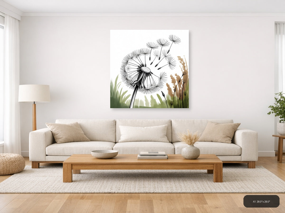Dandelion Line Art Black Ink Botanical Wall Art — A1 / Living Room