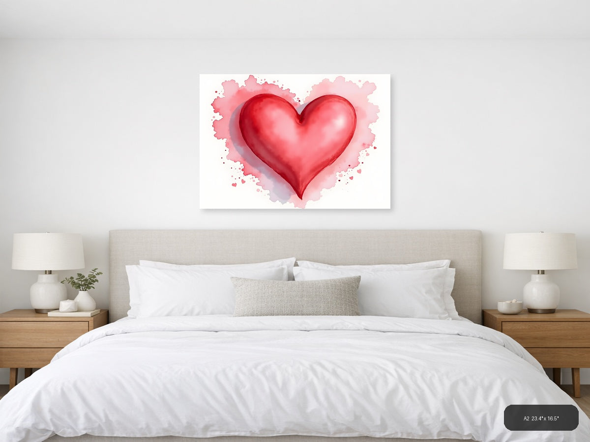 Red Heart Watercolor Splash Modern Wall Art — A2 / Bedroom