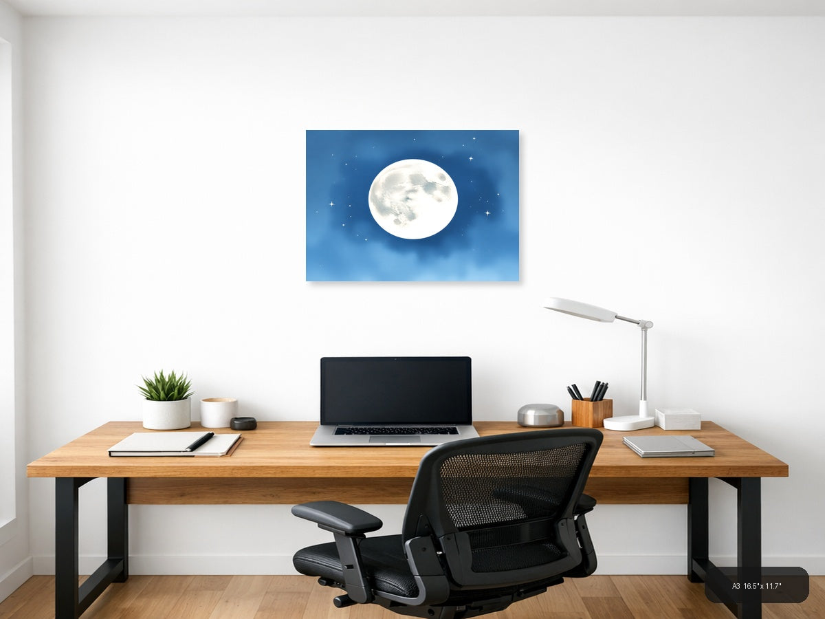 Full Moon Night Sky Watercolor Wall Art — A3 / Office