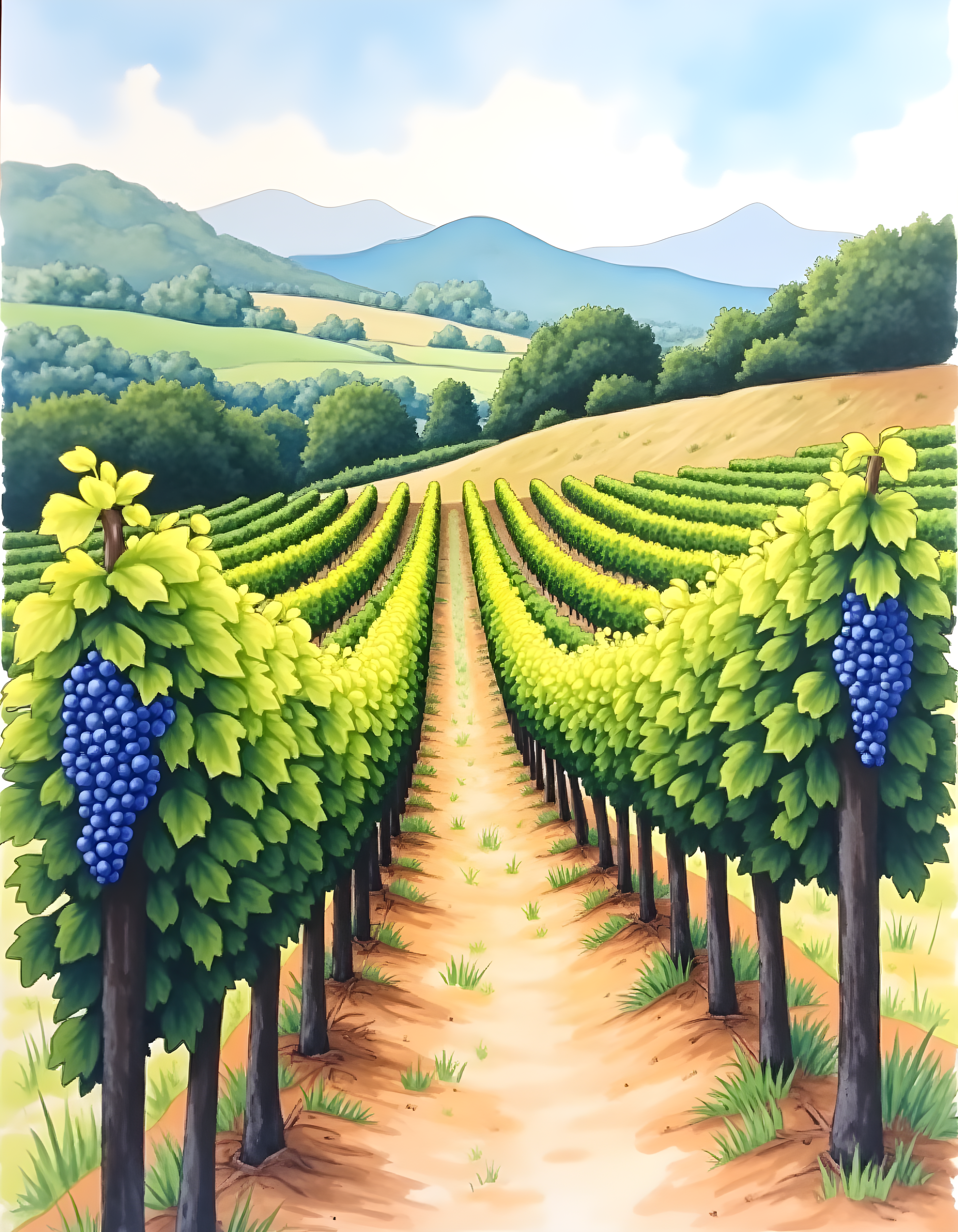 Vineyard Landscape Watercolor Wine Country Wall Art