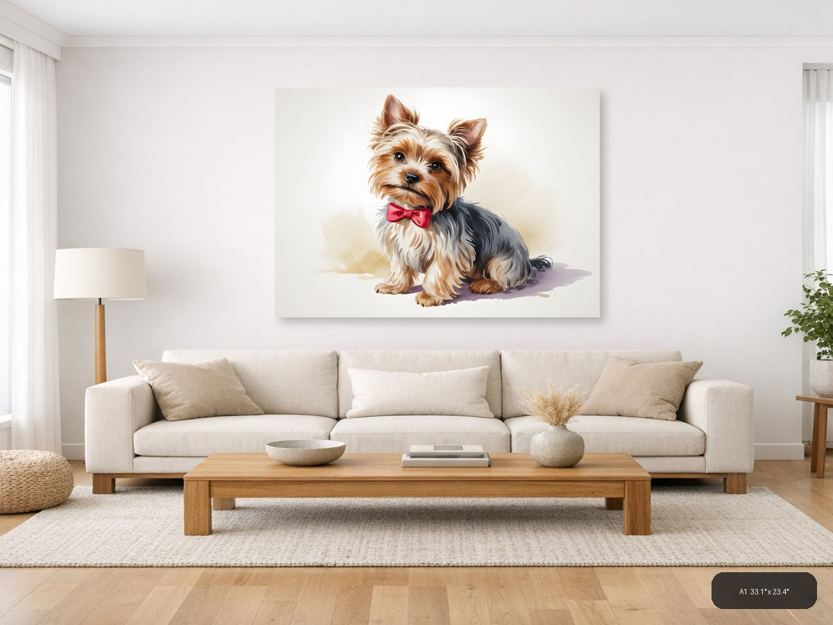 Stylish Yorkie with Pink Bow Watercolor Wall Art — A1 / Living Room