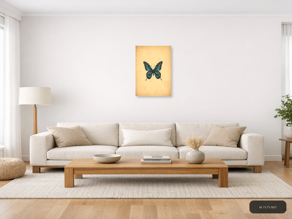 Vintage Teal Butterfly Illustration Wall Art — A3 / Living Room