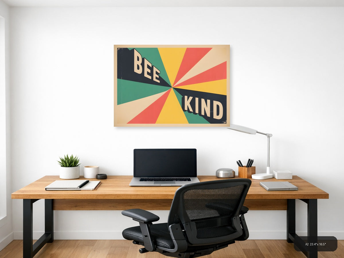 Vintage Retro 'Bee Kind' Sunburst Typography Wall Art — A2 / Office