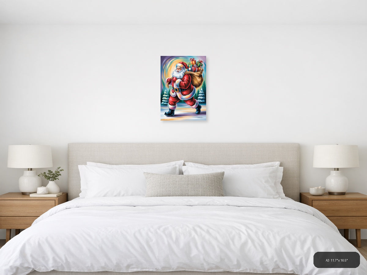 Jolly Santa with Gift Sack Winter Wall Art — A3 / Bedroom