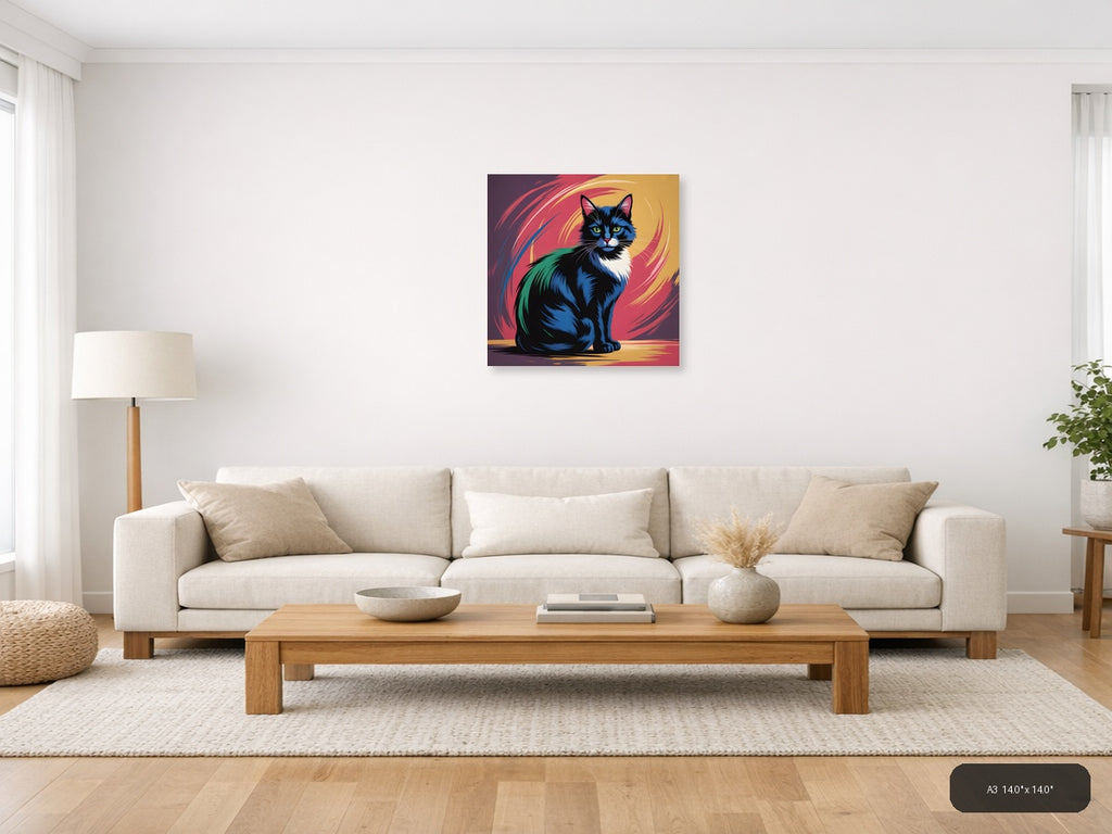 Colorful Abstract Cat Portrait with Green Eyes Wall Art — A3 / Living Room