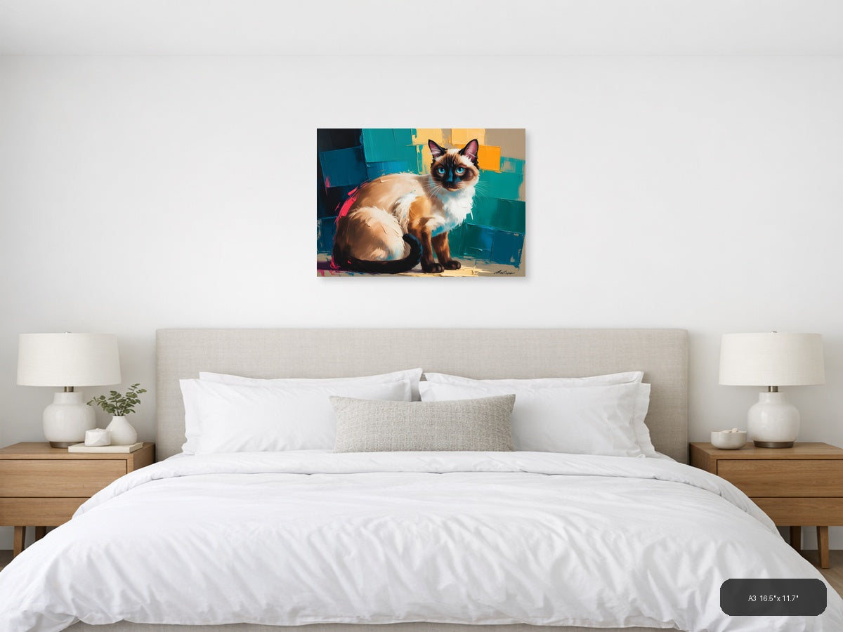 Siamese Cat with Blue Eyes Abstract Modern Wall Art — A3 / Bedroom