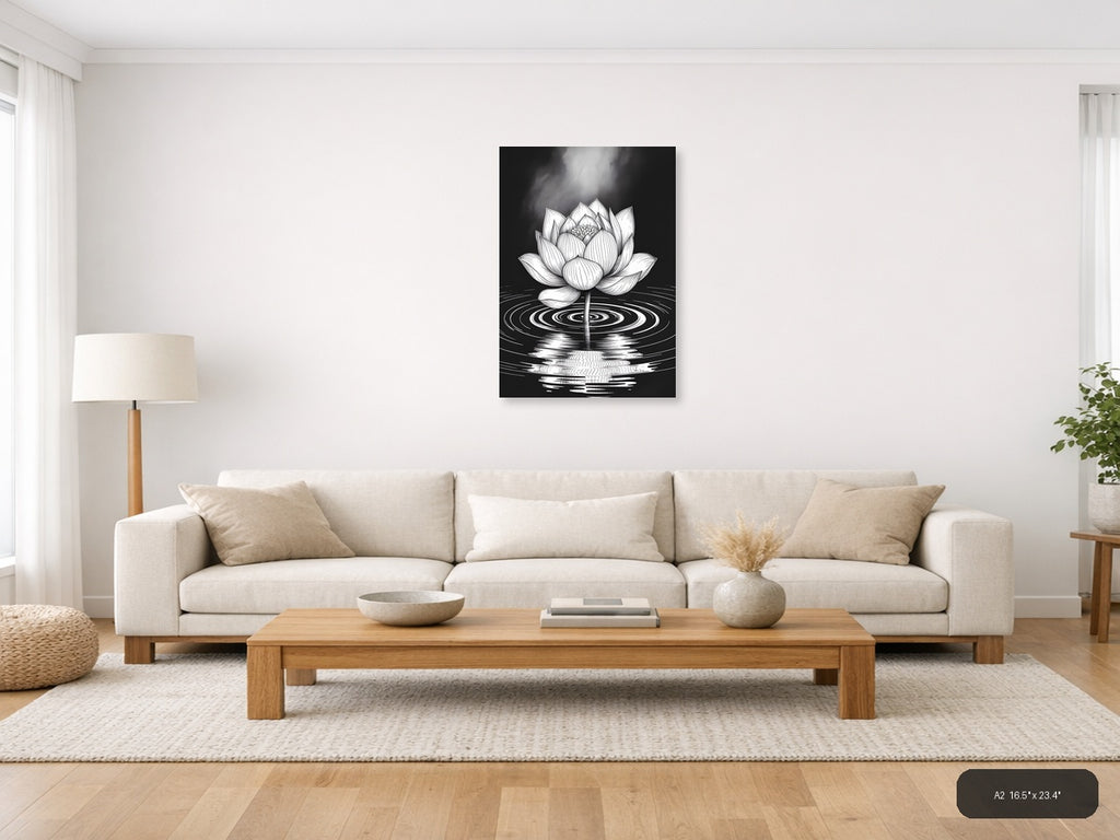 Lotus Flower Ripples Black & White Line Art Wall Art — A2 / Living Room
