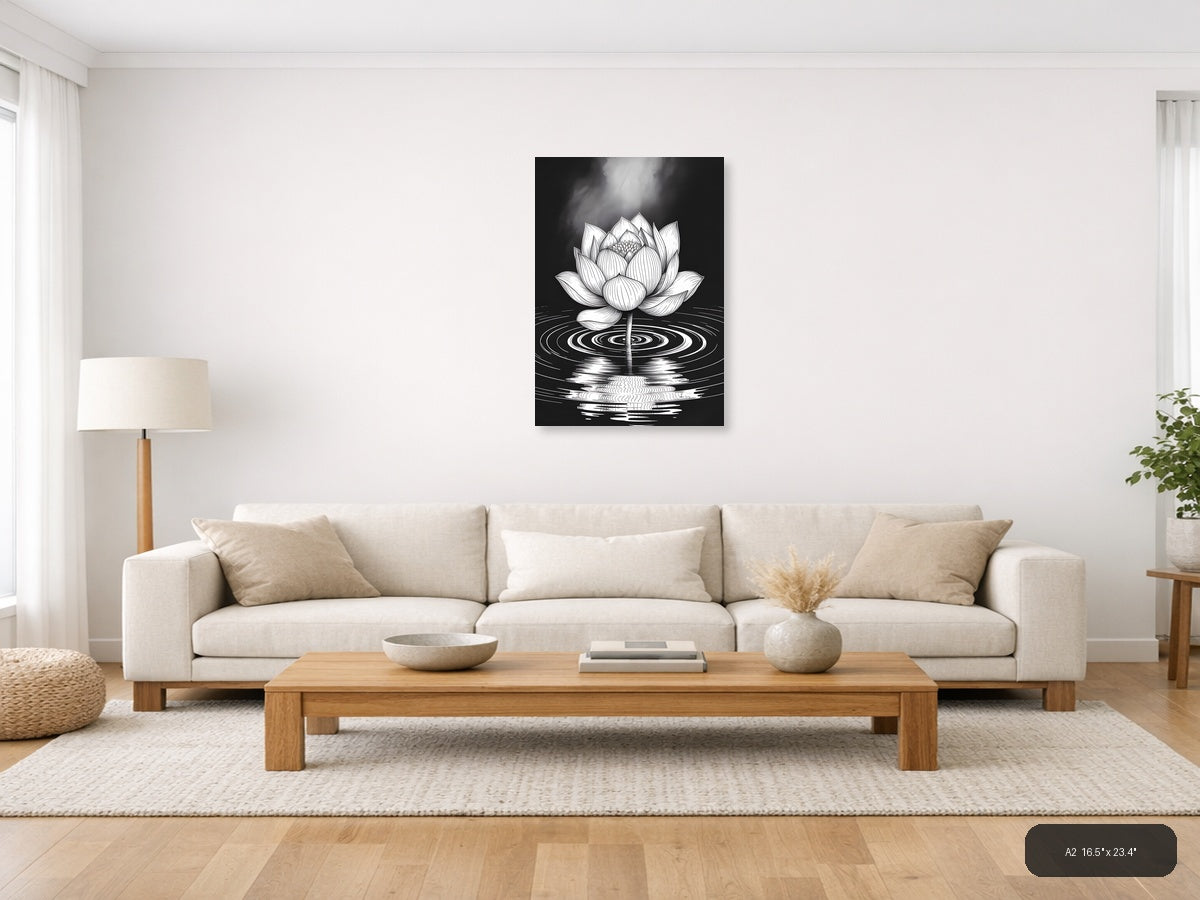 Lotus Flower Ripples Black & White Line Art Wall Art — A2 / Living Room