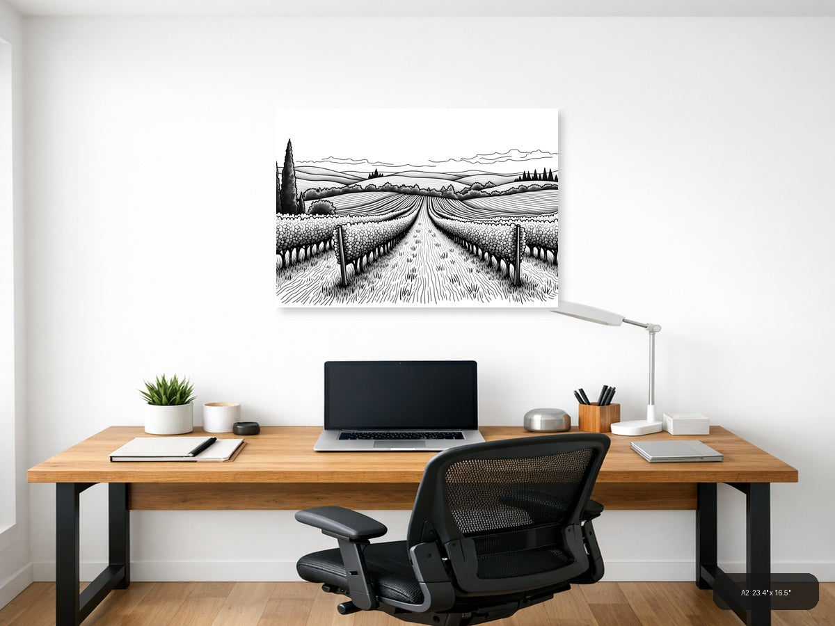 Tuscan Vineyard Landscape Line Art Wall Art — A2 / Office
