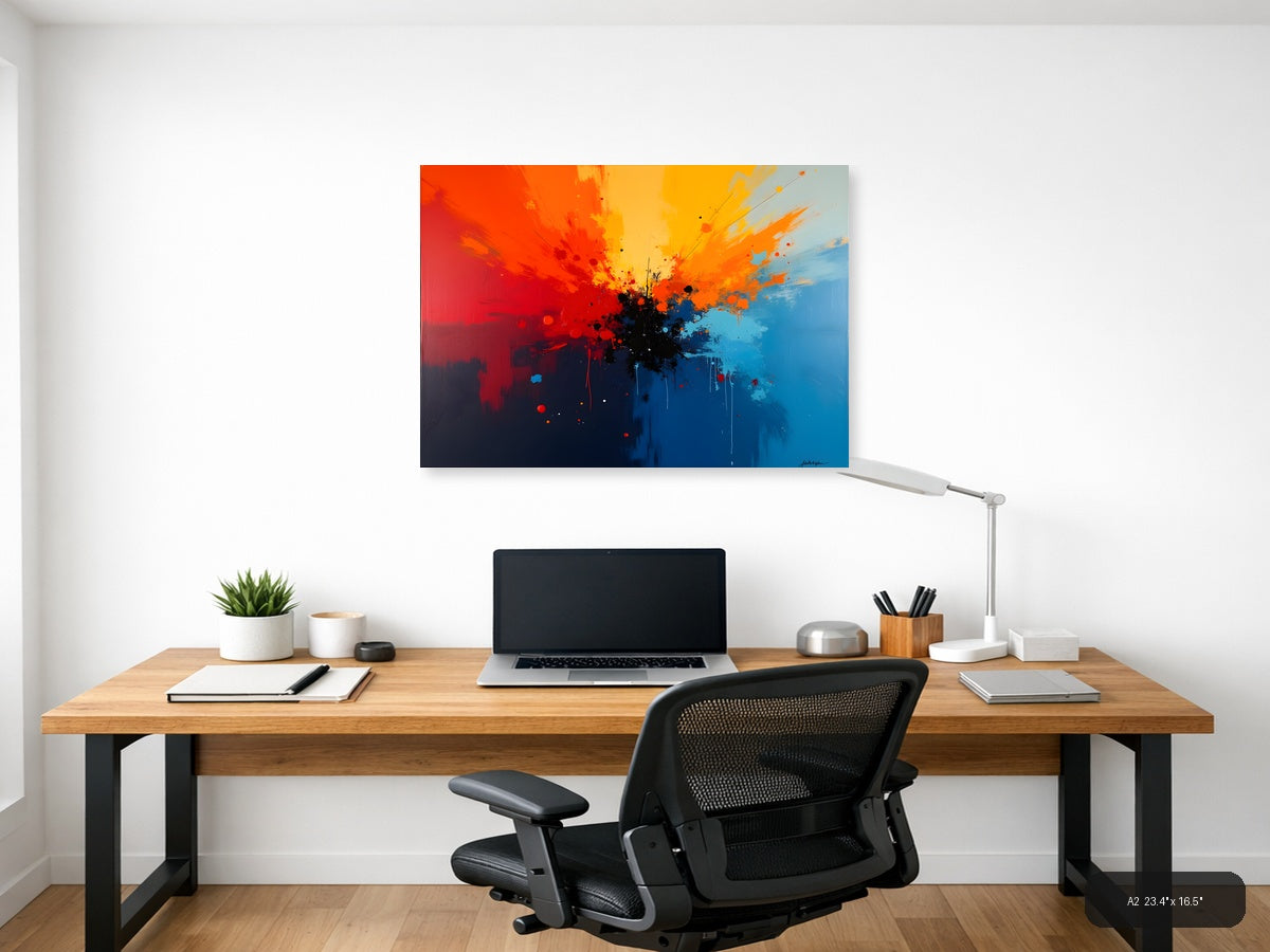 Abstract Explosion Blue Orange Red Splatter Wall Art — A2 / Office