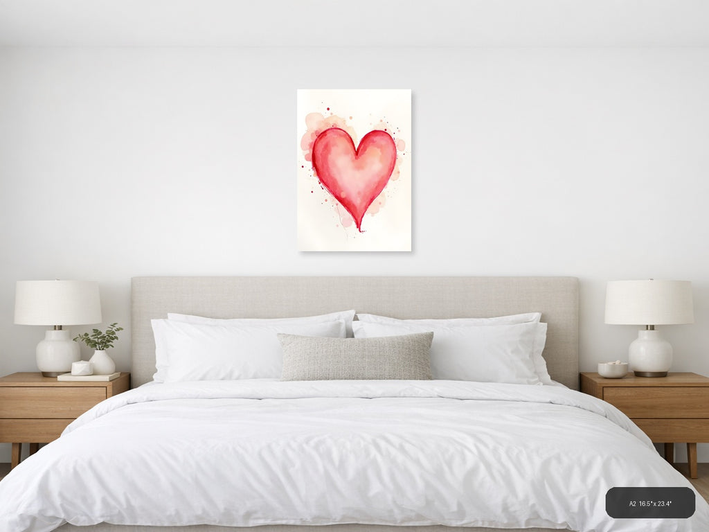 Red Watercolor Heart with Pink Splashes Wall Art — A2 / Bedroom