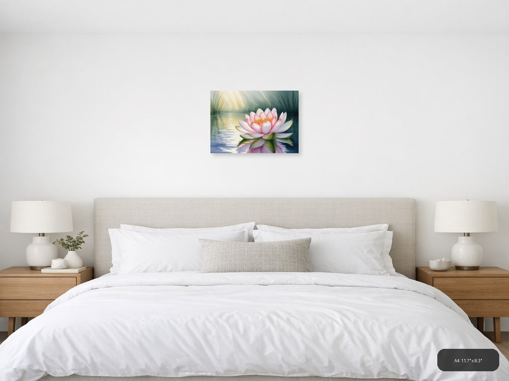 Pink Water Lily Watercolor Landscape Wall Art — A4 / Bedroom