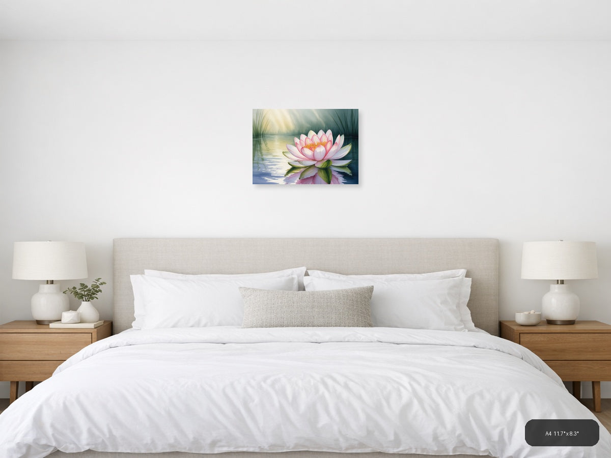 Pink Water Lily Watercolor Landscape Wall Art — A4 / Bedroom