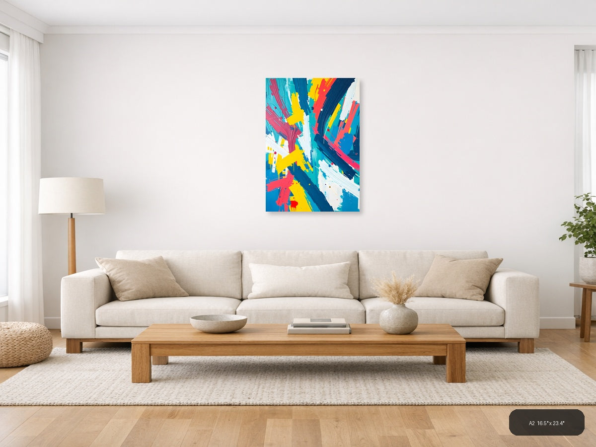 Vibrant Abstract Brush Strokes in Blue, Yellow & Red Wall Art — A2 / Living Room