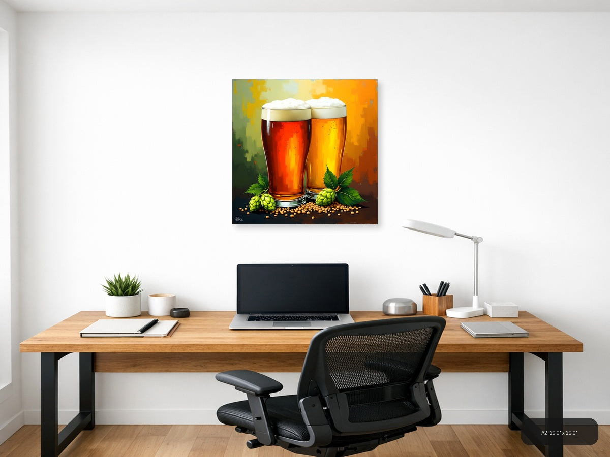 Two Beer Glasses with Hops Abstract Wall Art — A2 / Office