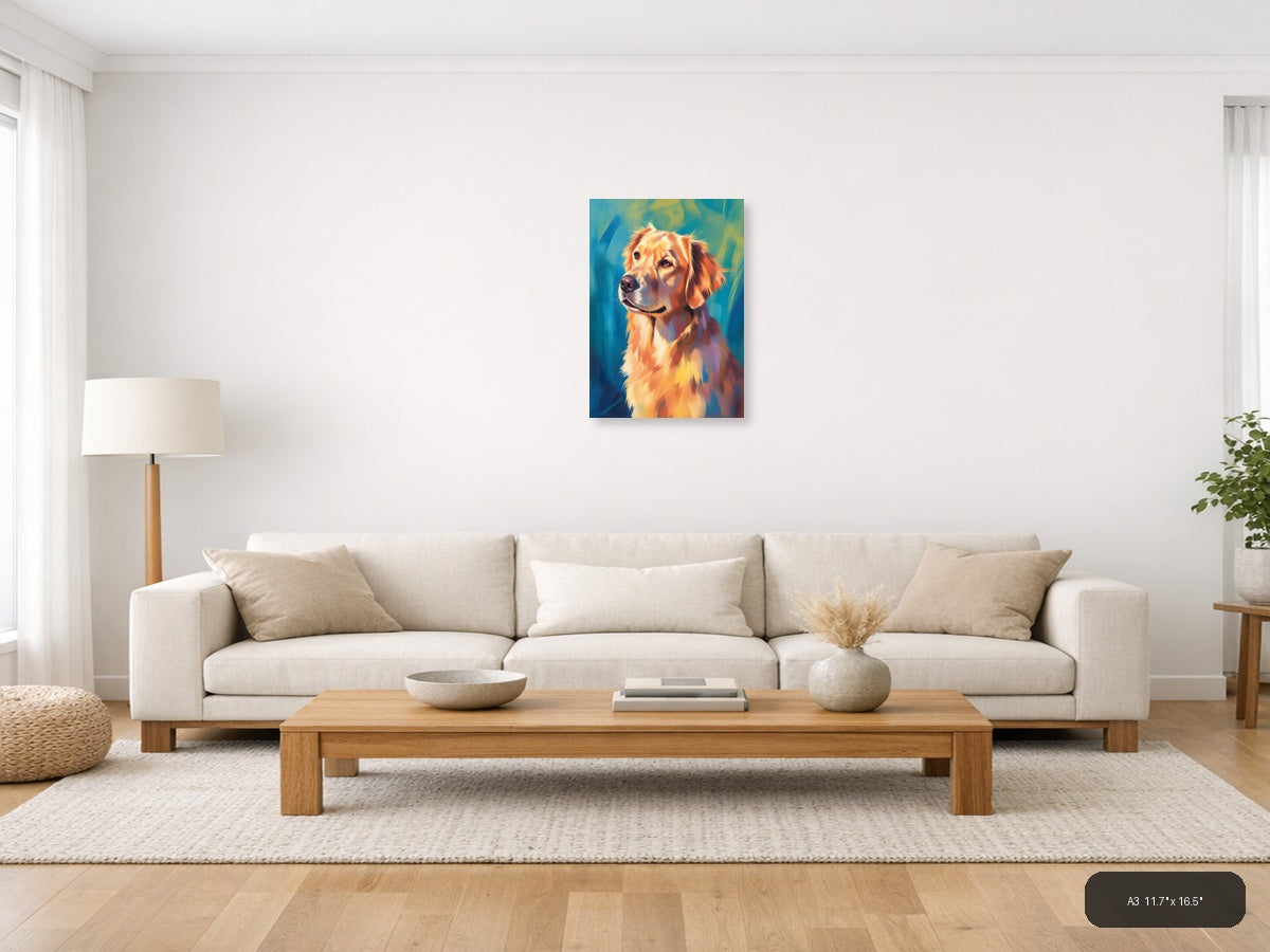 Golden Retriever Portrait Abstract Blue Wall Art — A3 / Living Room