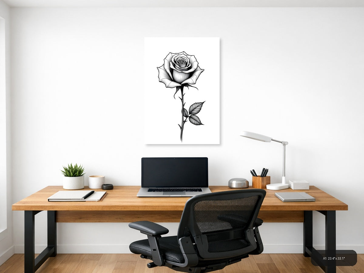 Rose Line Art Portrait with Stem and Leaves Wall Art — A1 / Office
