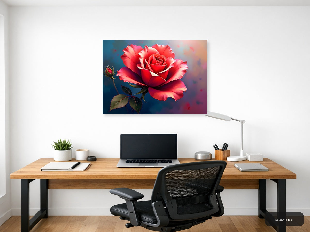 Red Rose with Buds Abstract Floral Wall Art — A2 / Office