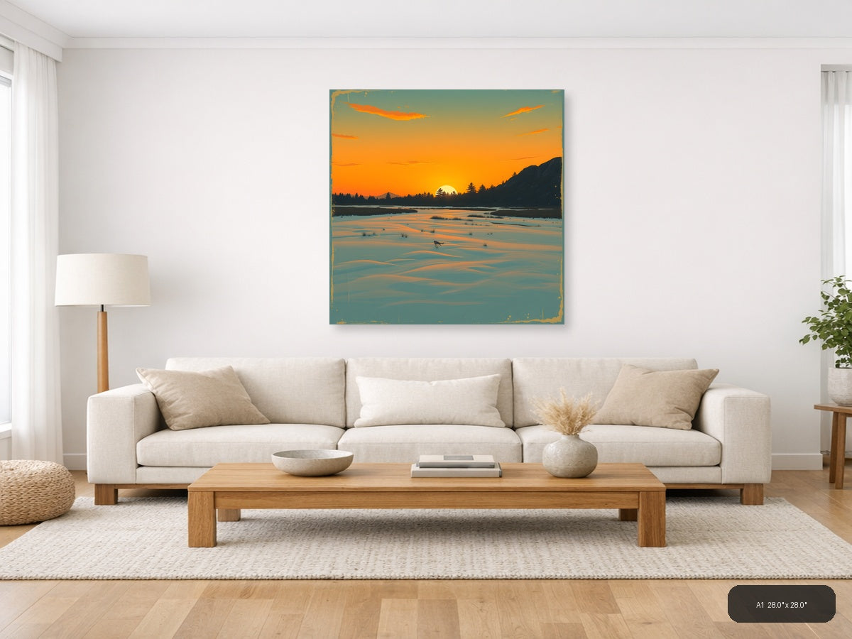 Vintage Sunset Lake Landscape with Mountains Wall Art — A1 / Living Room