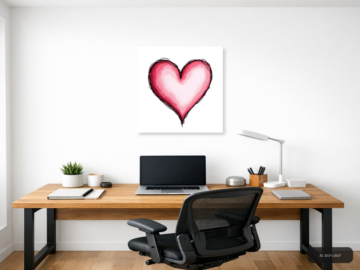 Pink Heart Line Art with Watercolor Fill Wall Art — A2 / Office