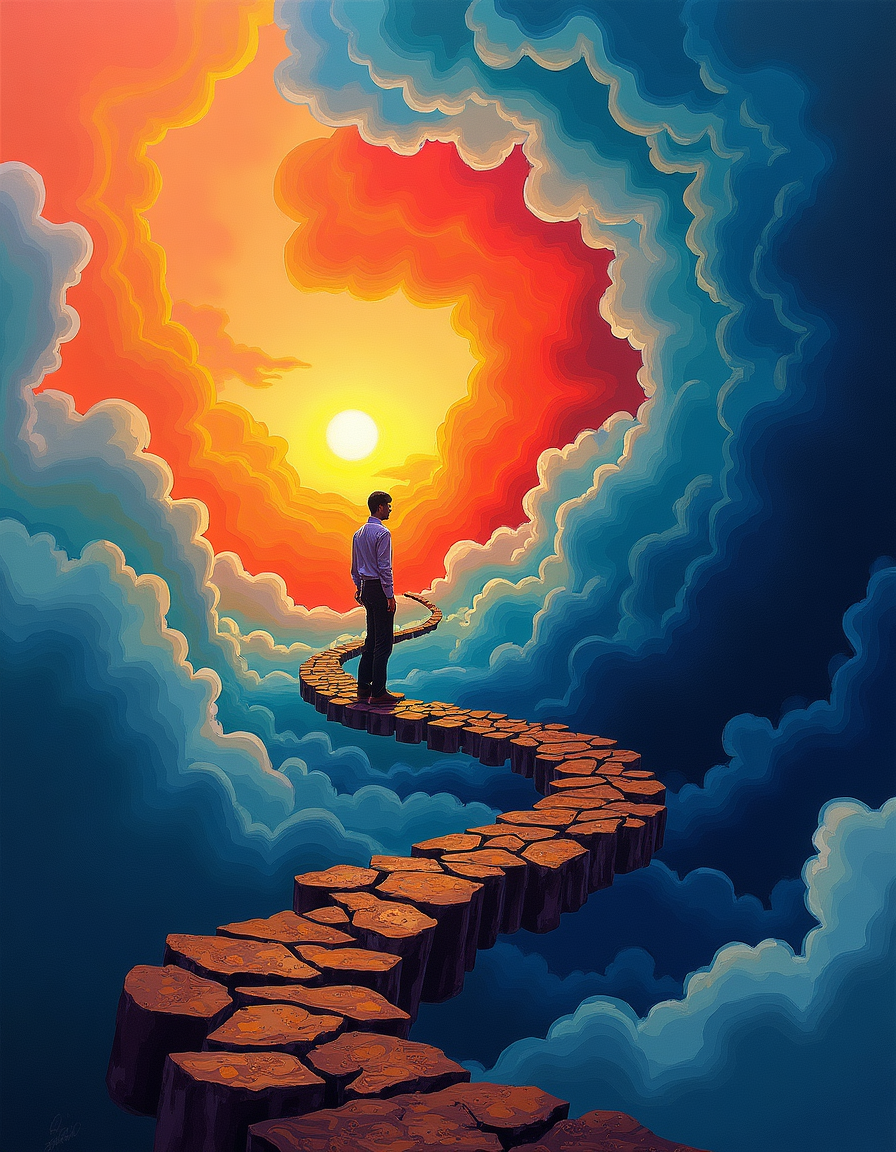 Man on Stone Path to Sunset Cloud Portal Wall Art