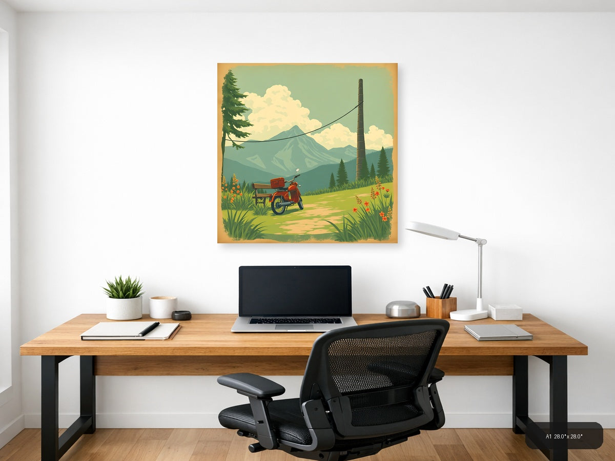 Vintage Red Scooter Mountain Landscape Wall Art — A1 / Office